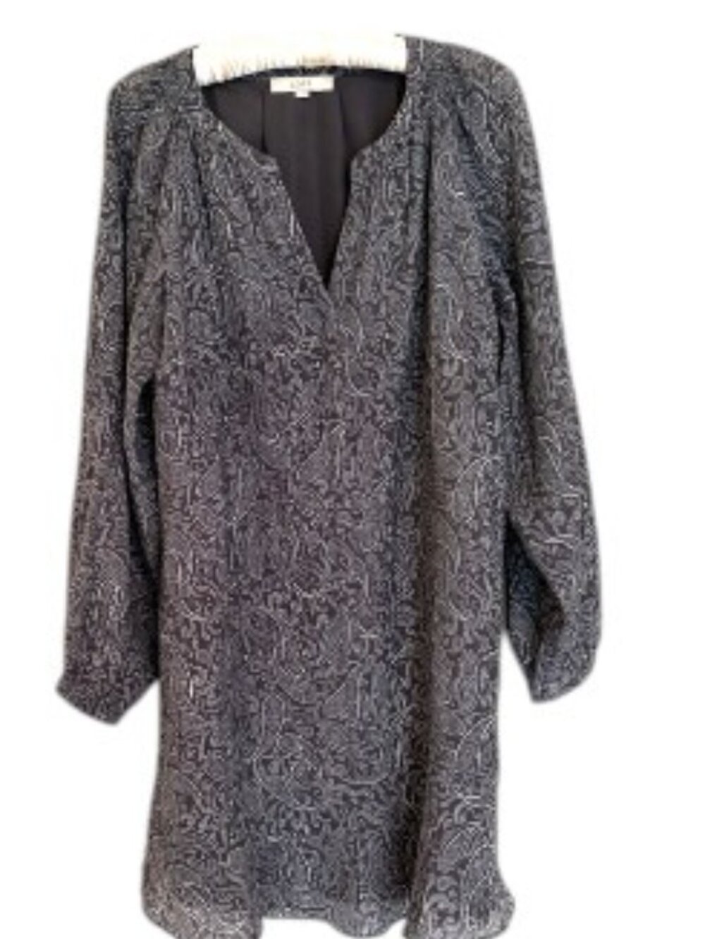 LOFT Charcoal Paisley Long Sleeve Shift Dress.